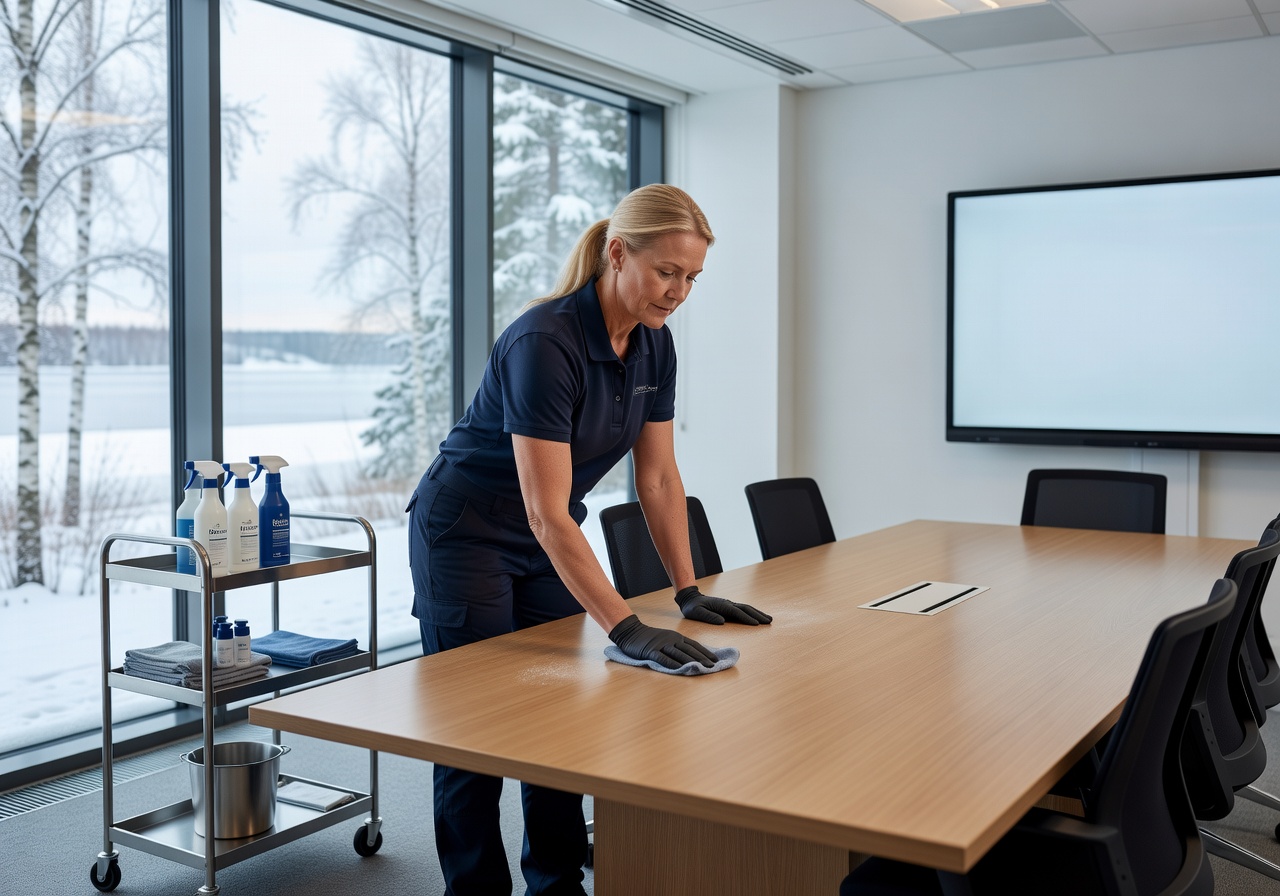 Professional cleaner preparing modern office meeting room in Finland